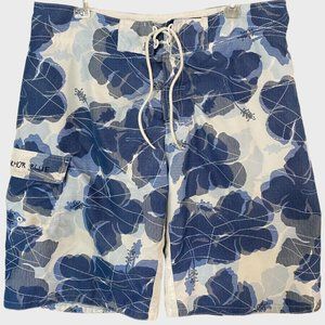 Y2K Anchor Blue Tropical Print Board Shorts Mens Size 36 White & Blue Surf Swim